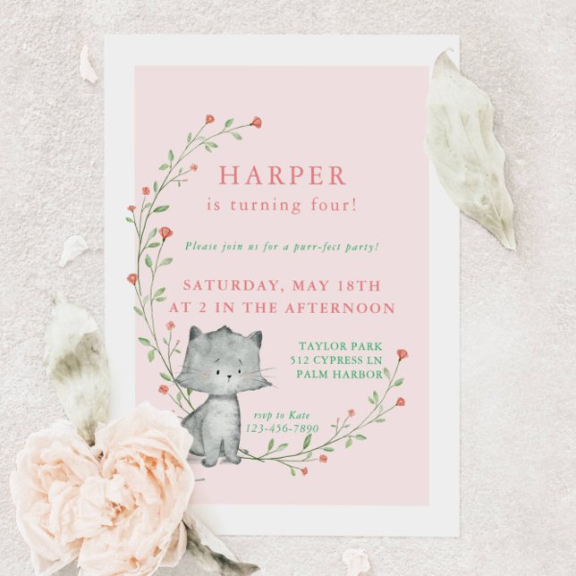 Kitten Blush Floral Birthday Party Invitation (Creator Uploaded)