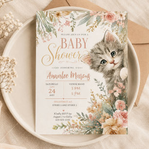 Kitten Blush Pink Floral Baby Shower  Invitation