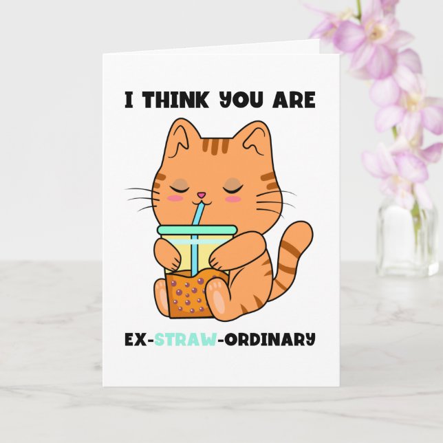 Kitten bubble tea you are extraordinary straw pun  card (Orchid)