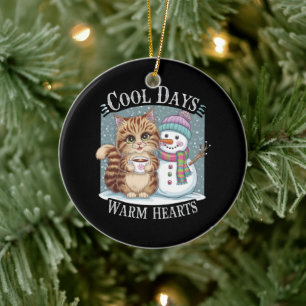 Kitten Cat and Snowman Friends Share Coffee Winter Ceramic Tree Decoration