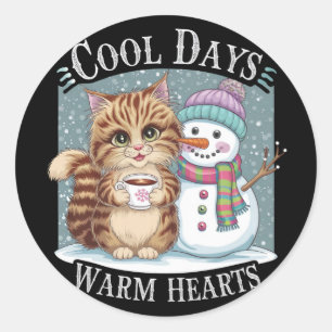 Kitten Cat and Snowman Friends Share Coffee Winter Classic Round Sticker