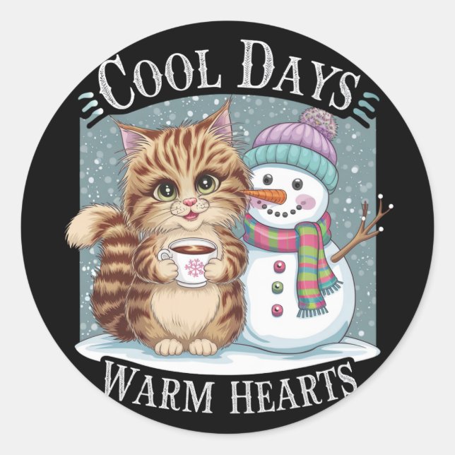 Kitten Cat and Snowman Friends Share Coffee Winter Classic Round Sticker (Front)