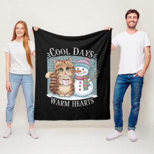 Kitten Cat and Snowman Friends Share Coffee Winter Fleece Blanket
