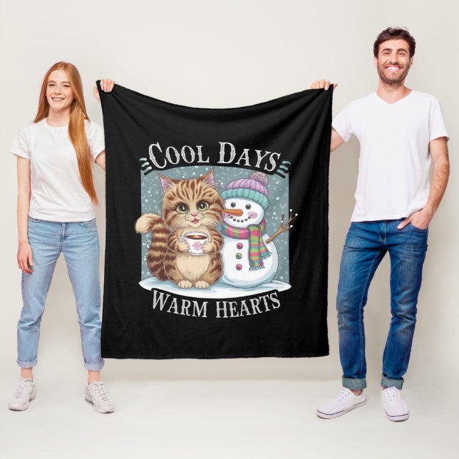 Kitten Cat and Snowman Friends Share Coffee Winter Fleece Blanket (In Situ)