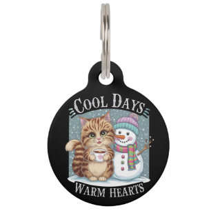 Kitten Cat and Snowman Friends Share Coffee Winter Pet Tag