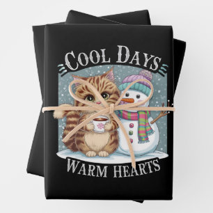 Kitten Cat and Snowman Friends Share Coffee Winter Wrapping Paper Sheet