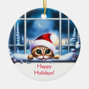 Kitten Cat Christmas Looking Through Window Ceramic Tree Decoration
