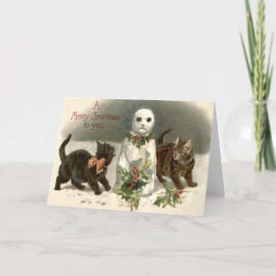 Kitten Cat Curious Snowman Holly Wreath Holiday Card