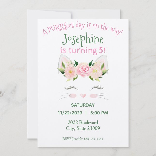 Kitten Cat Flowers Birthday Invitation (Front)