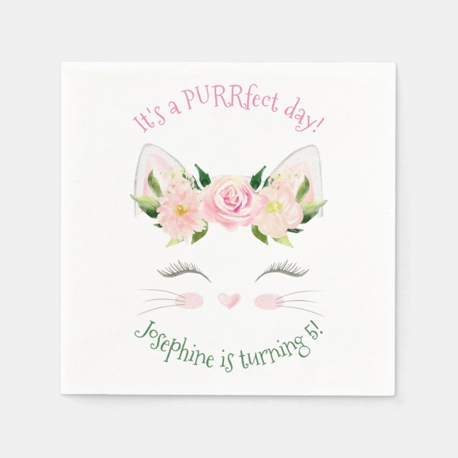 Kitten Cat Flowers Birthday Napkin (Front)