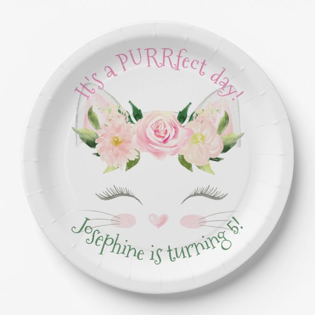 Kitten Cat Flowers Birthday Paper Plate (Front)