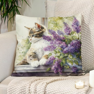 Kitten Cat Lavender Flowers Window Sunlight Cushion