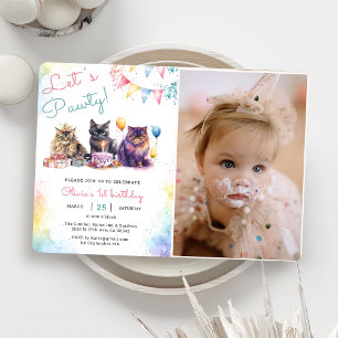 Kitten Cat Let's Pawty 1st Birthday Party Photo  Invitation