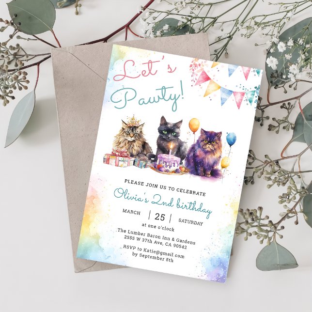 Kitten Cat Let's Pawty 2nd Birthday Party Invitation (Creator Uploaded)