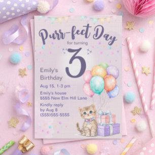 Kitten Cat Pastel Little Girl's 3rd Birthday Invitation