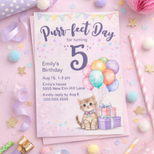 Kitten Cat Pastel Little Girl's 5th Birthday Invitation