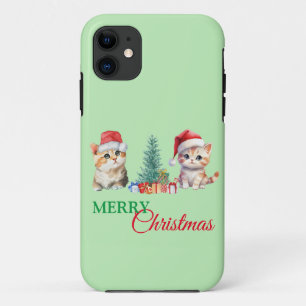 Kitten Cat Santa Red Green Merry Christmas Party iPhone 11 Case