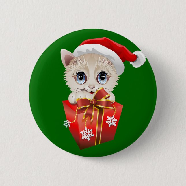 Kitten Christmas Santa with Gift 6 Cm Round Badge (Front)