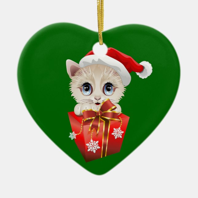 Kitten Christmas Santa with Gift Ceramic Tree Decoration (Front)