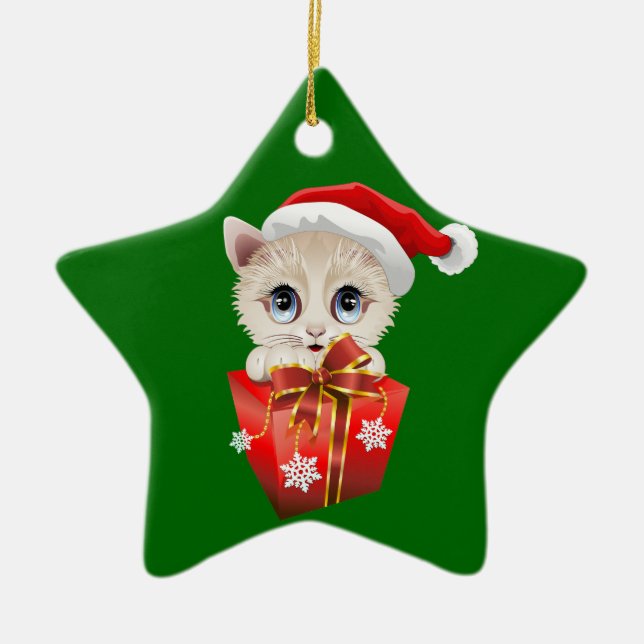 Kitten Christmas Santa with Gift Ceramic Tree Decoration (Front)