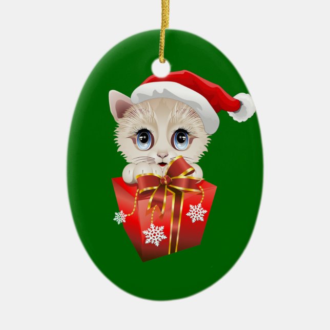Kitten Christmas Santa with Gift Ceramic Tree Decoration (Front)