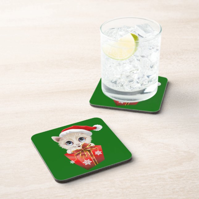 Kitten Christmas Santa with Gift Coaster (Right Side)