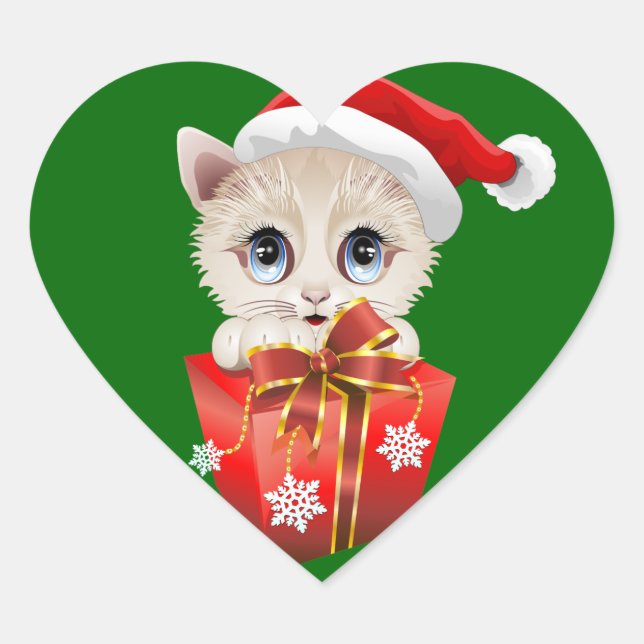 Kitten Christmas Santa with Gift Heart Sticker (Front)
