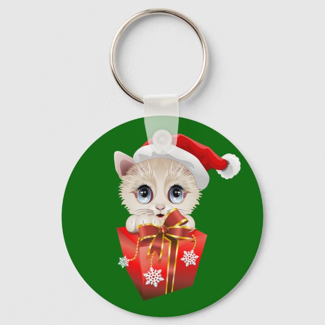 Kitten Christmas Santa with Gift Key Ring (Front)