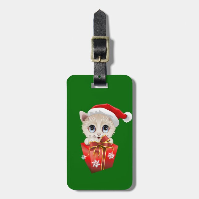 Kitten Christmas Santa with Gift Luggage Tag (Front Vertical)