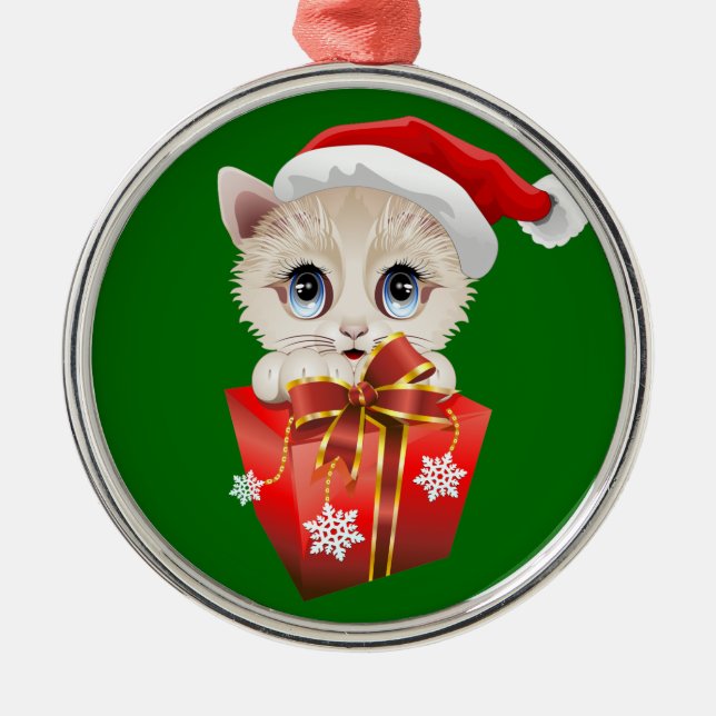 Kitten Christmas Santa with Gift Metal Tree Decoration (Front)