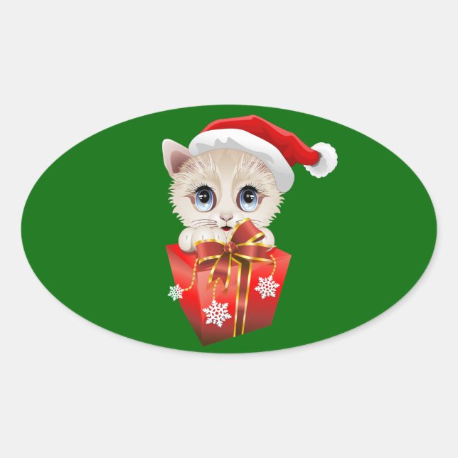 Kitten Christmas Santa with Gift Oval Sticker (Front)