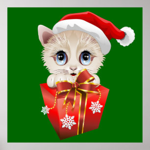 Kitten Christmas Santa with Gift posters
