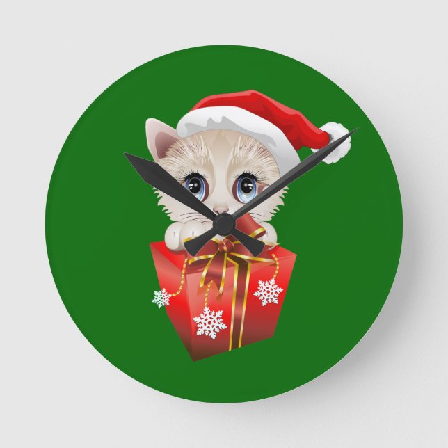 Kitten Christmas Santa with Gift Round Clock (Front)