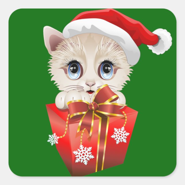 Kitten Christmas Santa with Gift Square Sticker (Front)