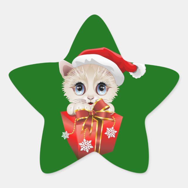 Kitten Christmas Santa with Gift Star Sticker (Front)