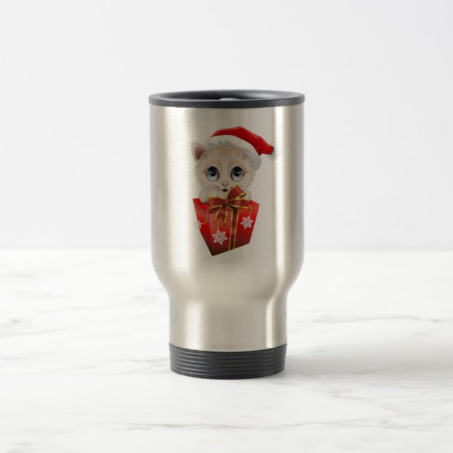 Kitten Christmas Santa with Gift Travel Mug (Center)