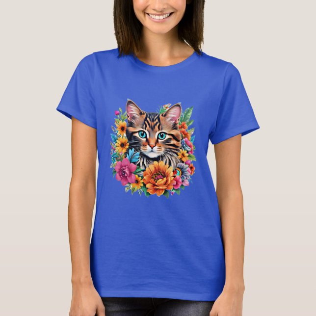 Kitten Colourful Floral Wreath T-Shirt (Front)