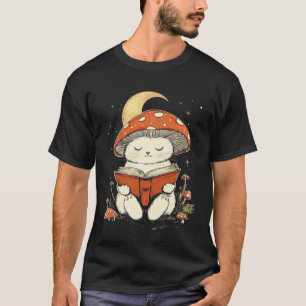 Kitten Cottagecore Mushroom Cat Reading a Book T-Shirt