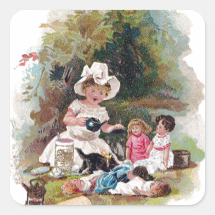 Kitten Crashes Victorian Tea Party Square Sticker