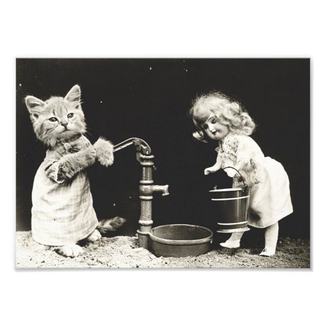Kitten & Doll at Water Well Photo Print (Front)