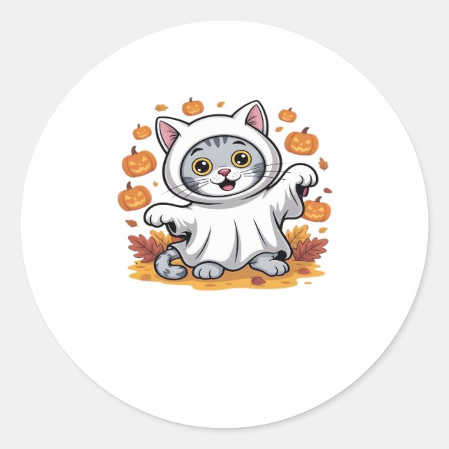 Kitten dressed as a ghost for Halloween Classic T- Classic Round Sticker (Front)