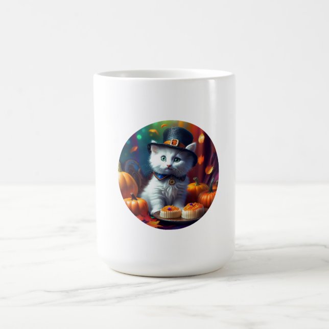 Kitten Dressed As Pilgrim Eats Thanksgiving Meal Coffee Mug (Center)
