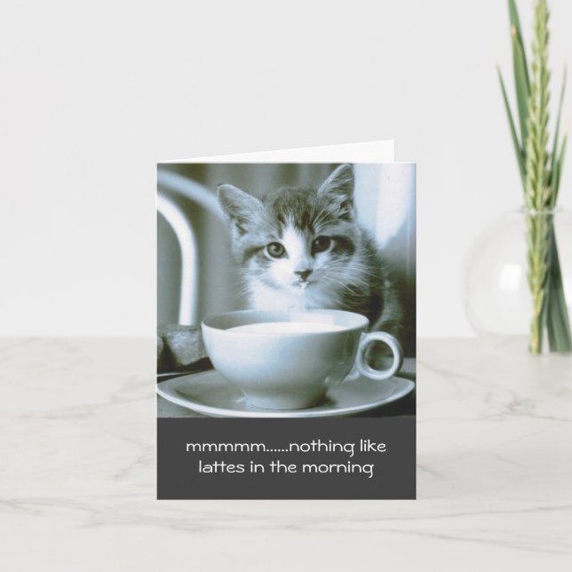 Kitten Drinking Morning Latte Note Card (Front)