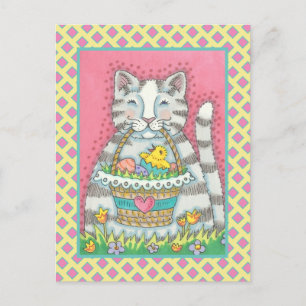 KITTEN & EASTER BASKET, CUTE CAT HOLIDAY POSTCARD