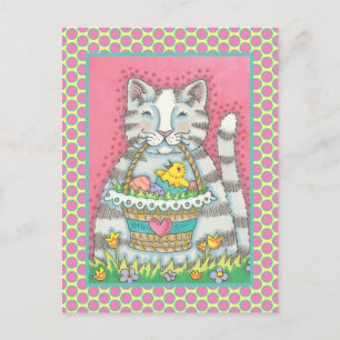 KITTEN & EASTER EGG BASKET, CUTE CAT HOLIDAY POSTCARD