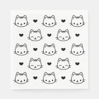 Kitten Face Hearts Pattern Black White Luncheon Napkin