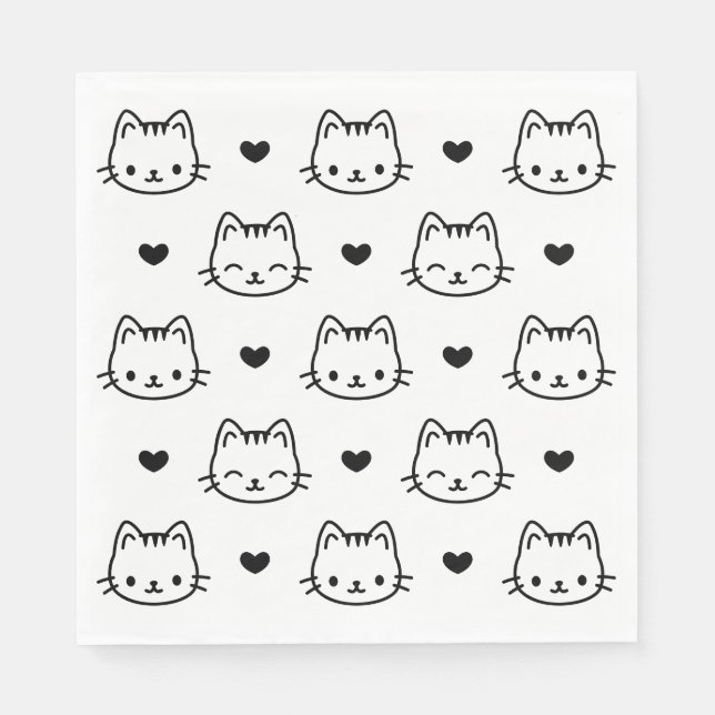 Kitten Face Hearts Pattern Black White Luncheon Napkin (Front)