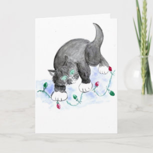 Kitten finds Blinking Red & Green Christmas Lights Holiday Card
