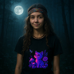 Kitten & Firefly Among Mushrooms  T-Shirt