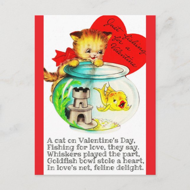 Kitten & Fish Bowl Vintage Valentine Postcard (Front)